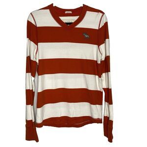 ABERCROMBIE FITCH Shirt 100% Cotton Muscle Fit V Neck Striped Logo Mens M Orange